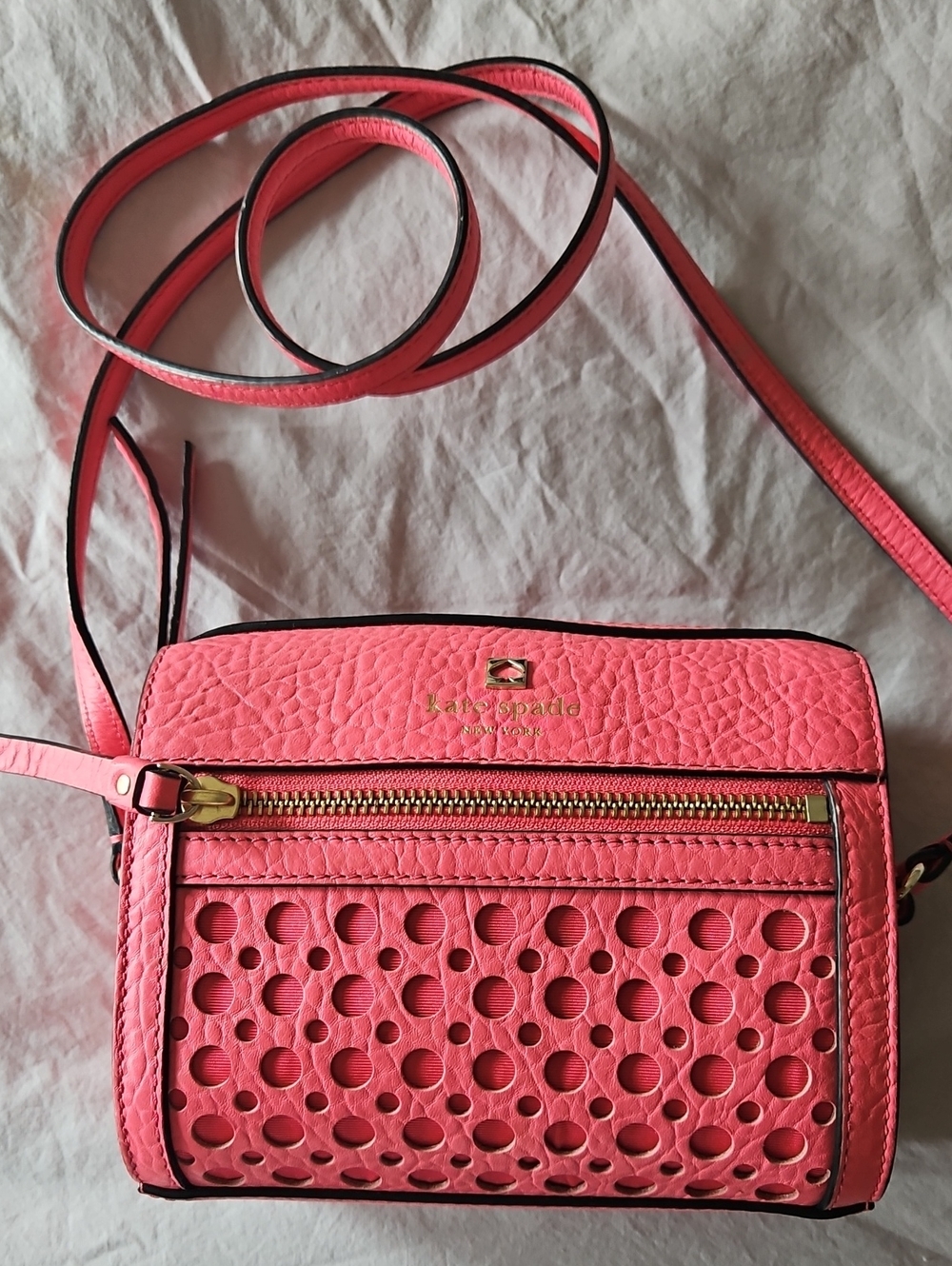 kate spade Coral Pink Perforated Leather Crossbody with Gold Hardware
